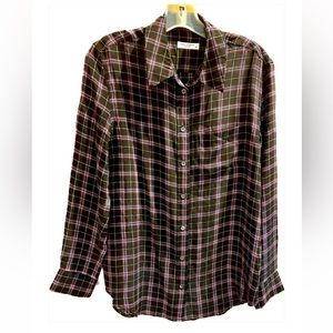 EQUIPMENT FEMME 100% Silk Plaid Classic Fit Button Down Shirt Petite Small